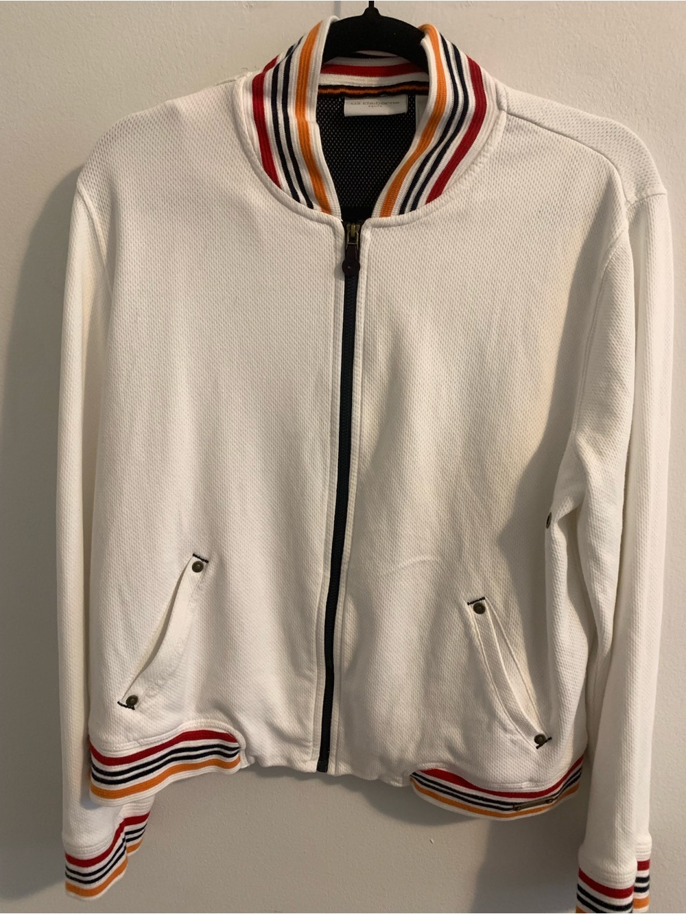 White Women’s Bomber Jacket with Multicolor Stripe Trim